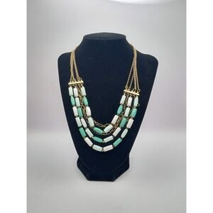 Vintage NYC Designer Teal and White Beaded Multistrand Gold Tone Necklace